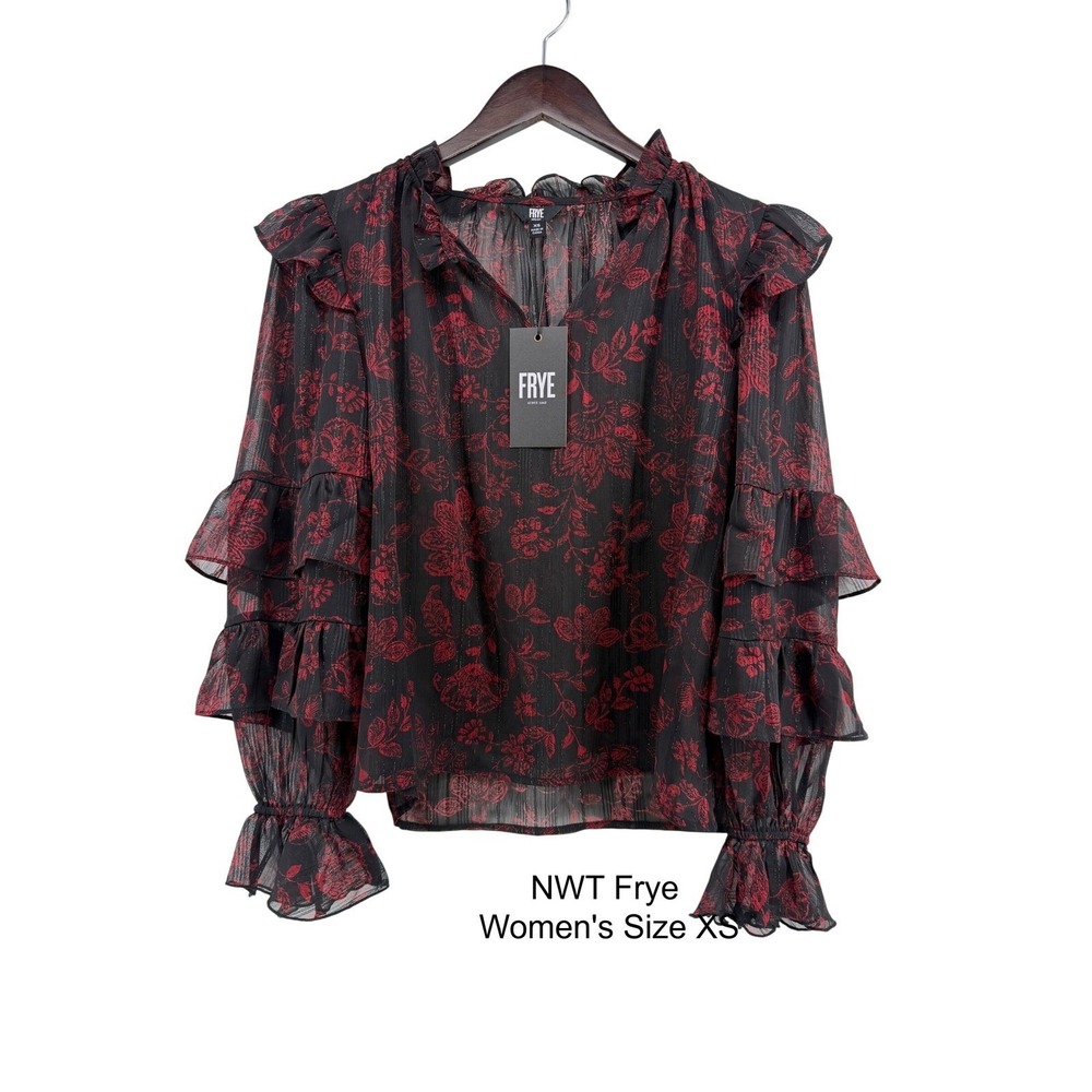 Frye Womens XS Black Red Floral Ruffle Tiered Sleeve Metallic Blouse NWT